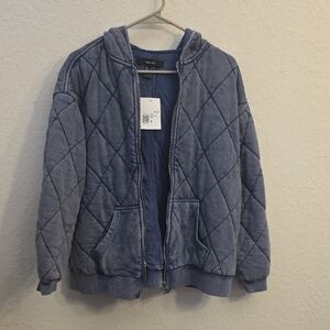 Forever 21 Quilted Hooded Zip Jacket in Washed Blue